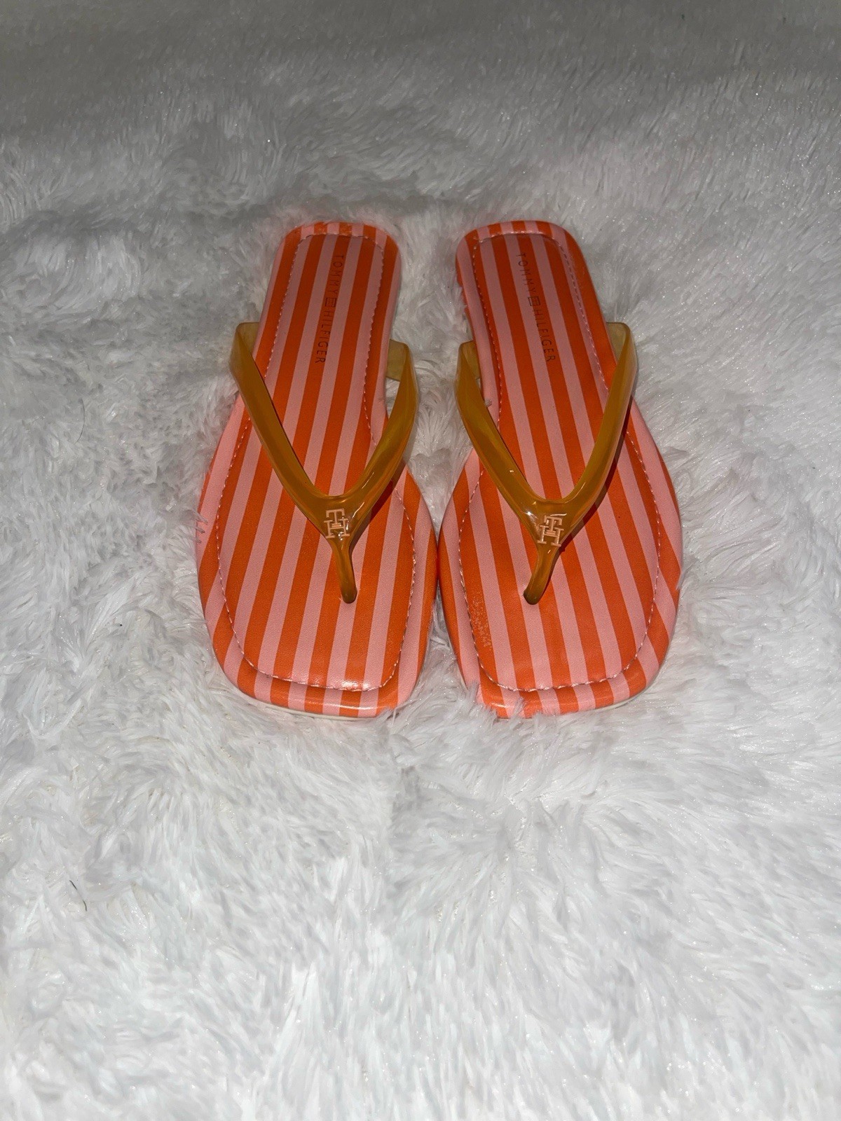 Tommy Hilfiger Women’s Striped Thong Slip-On Sandals Orange/White 8.5 M PU