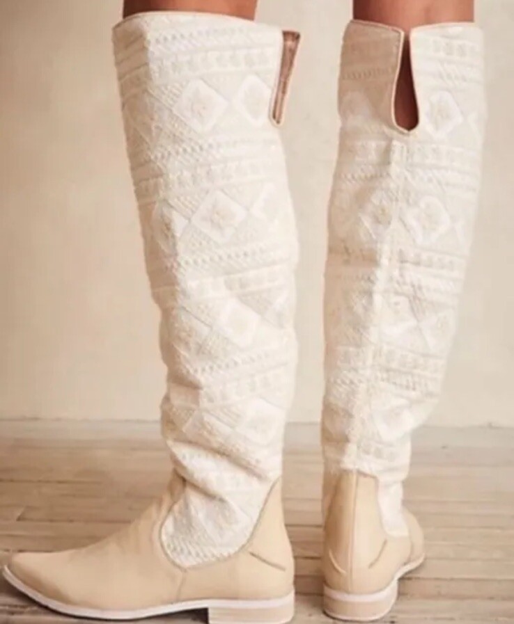 FREE PEOPLE Bren Ecru Slouch Boots Textile/Leather US 10 / EU 40 NEW Retail $298