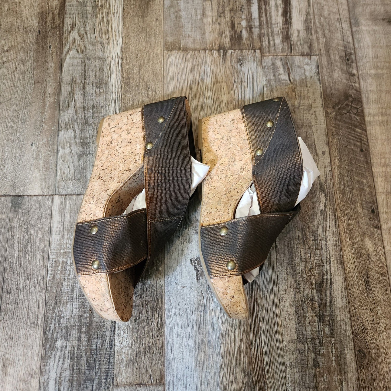 Lucky Brand Miller 2 Bronze Metallic Cork Wedge Sandals Womens 8M LK-MILLER2