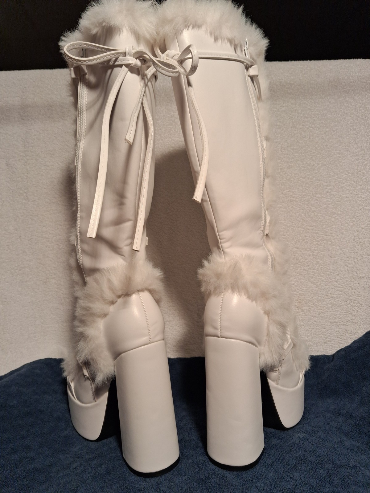 Womens Cream Platform Knee High Boots Faux Fur Trim Lace Up 6in Heel
