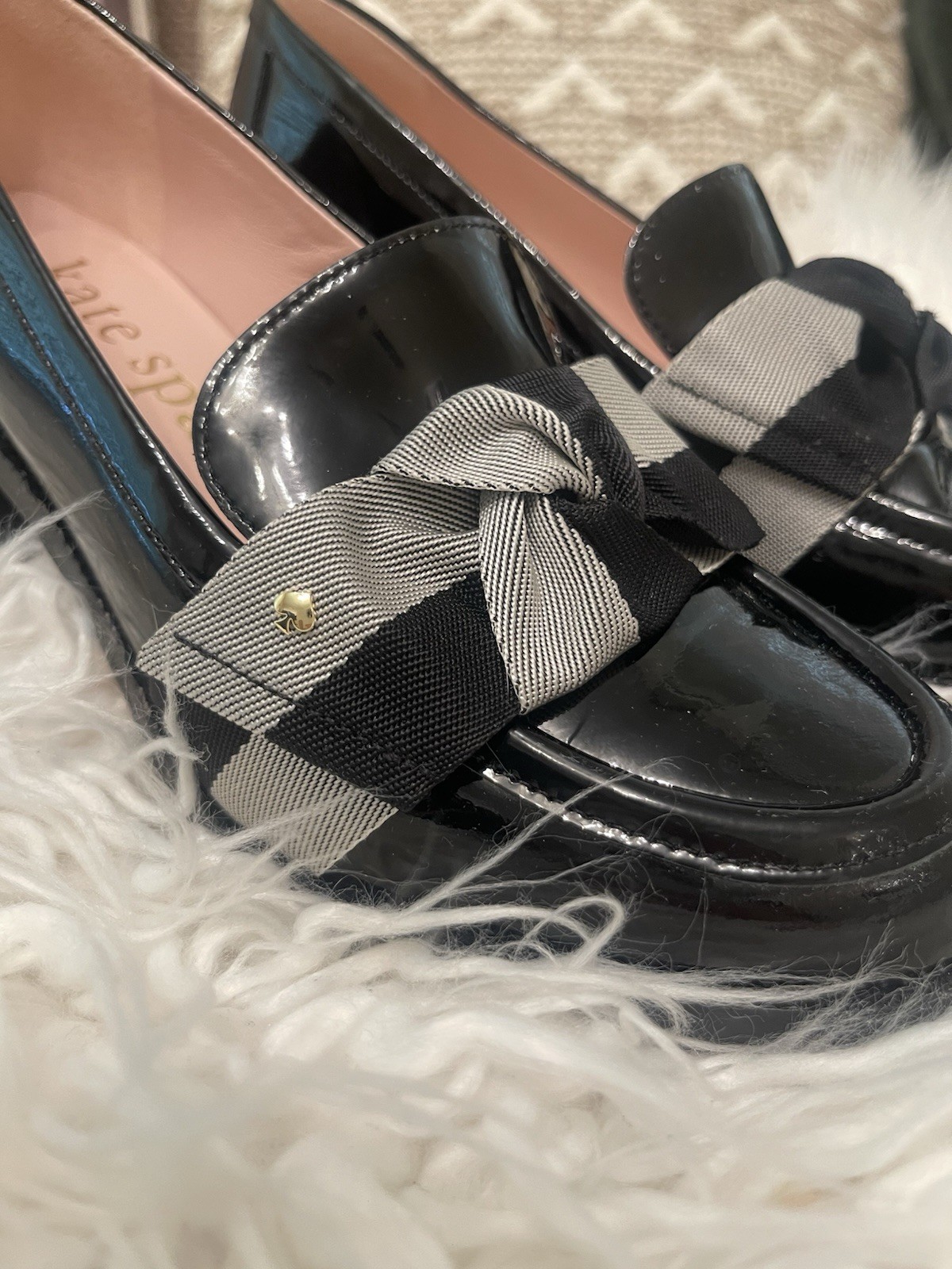 Kate Spade New York Black/Gray Patent Leather Plaid Bow Loafers Women’s 6.5 B