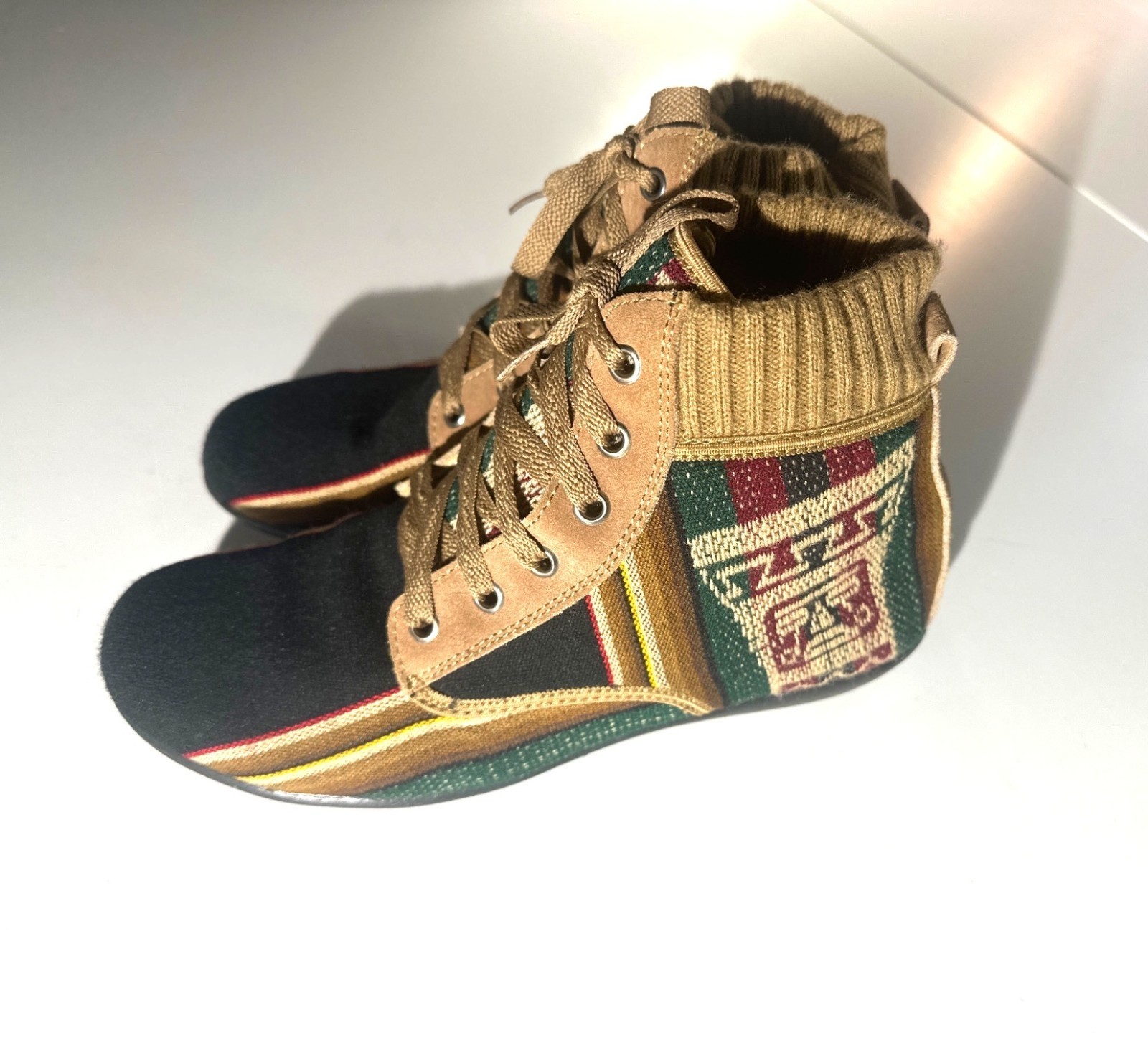 Handmade High-Top Sneakers With Knit Trim & Ethnic Woven Design