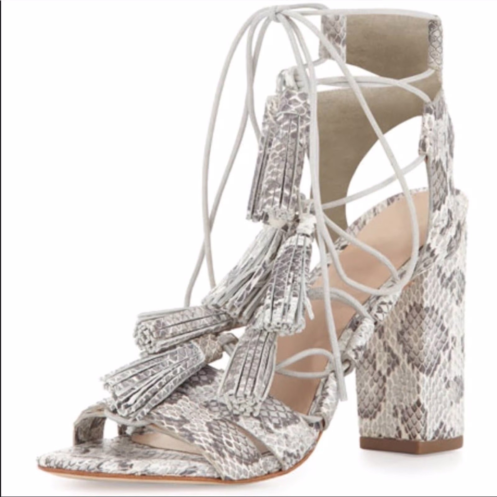 Loeffler Randall Heels Leather Cream Gray Snakeskin Snake Tassels size 7.5