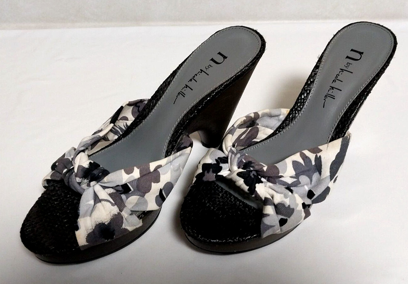 N. BY NICOLE MILLER PLATFORM HEEL BLACK GRAY WHITE FLORAL 4.25″ HEEL SIZE 7.5M