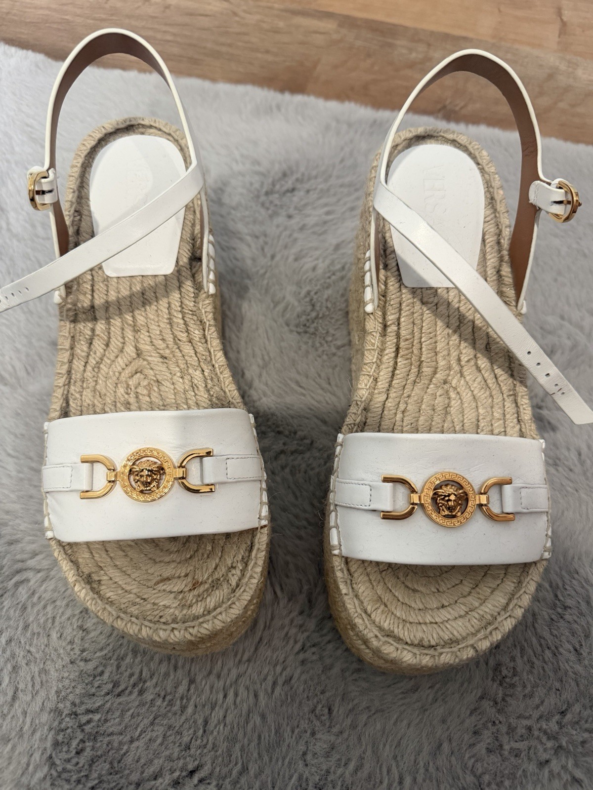 Versace White Leather Espadrille Wedge Sandals Gold Logo Adjustable Strap 39