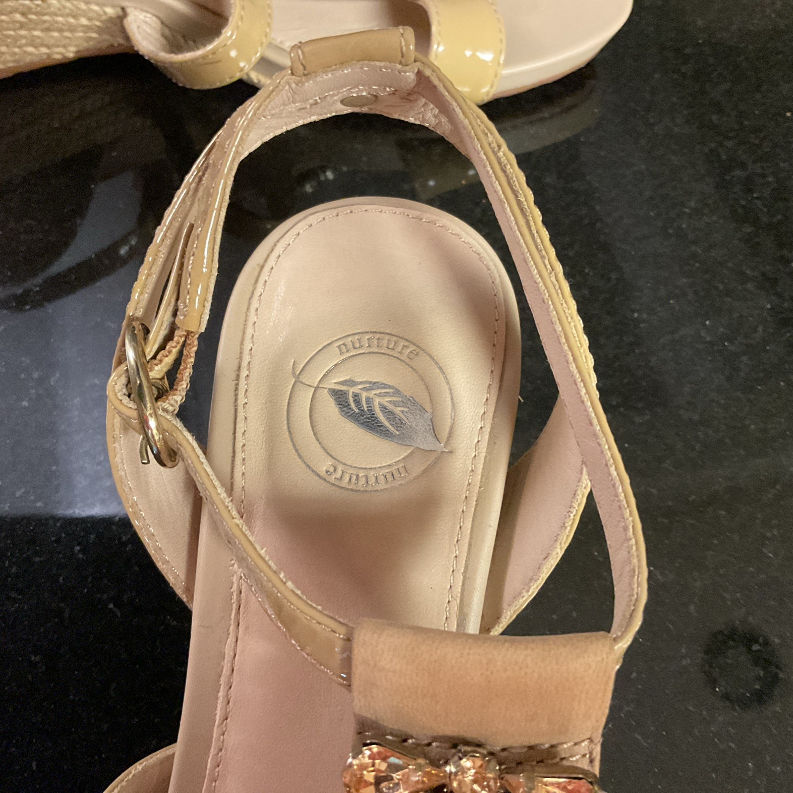 NURTURE By Lamaze Sandals Leather Gold Bling Rhinestones Wedges Sz 6.5,