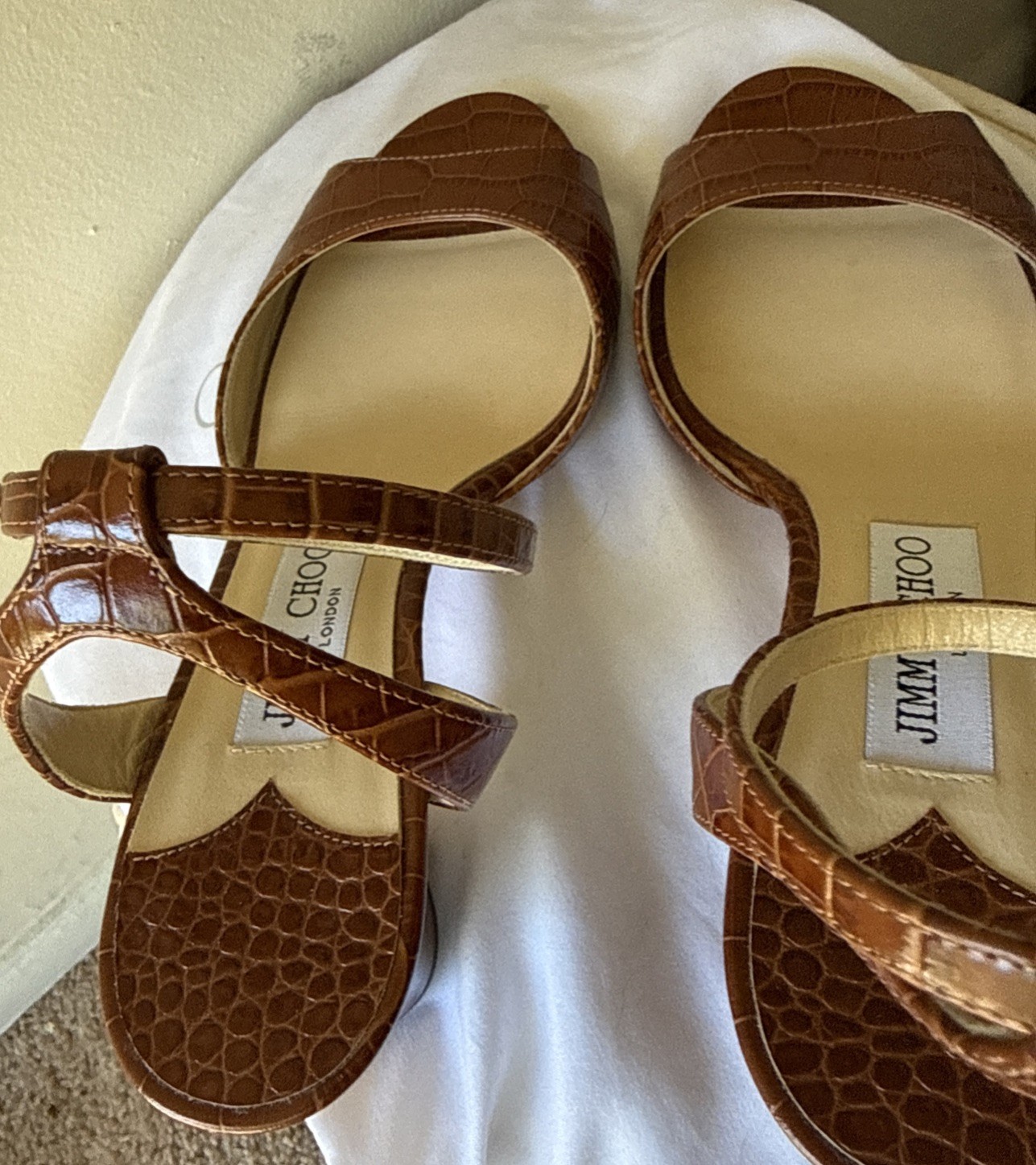 Jimmy Choo Miranda Sandals Size 8 Leather Crocodile Embossed 2.5 In New Brown