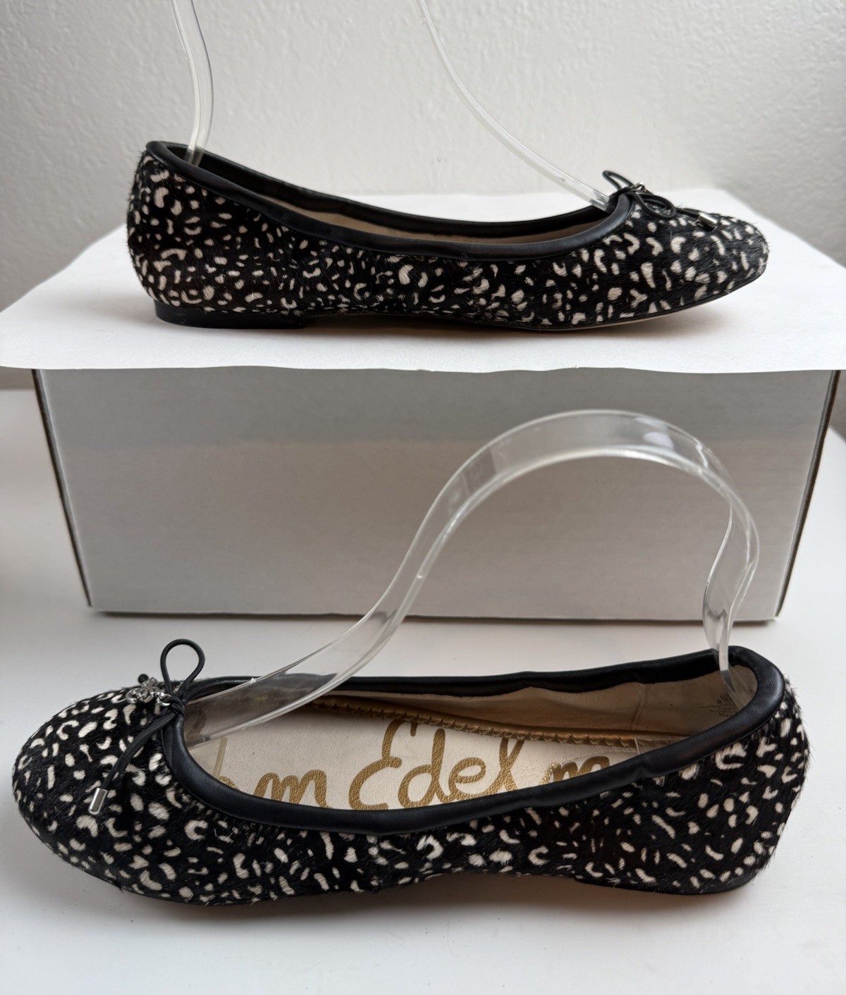 Sam Edelman Felicia Black White Fur Ballet Flats Sz 6.5 Animal Print Slip On Bow