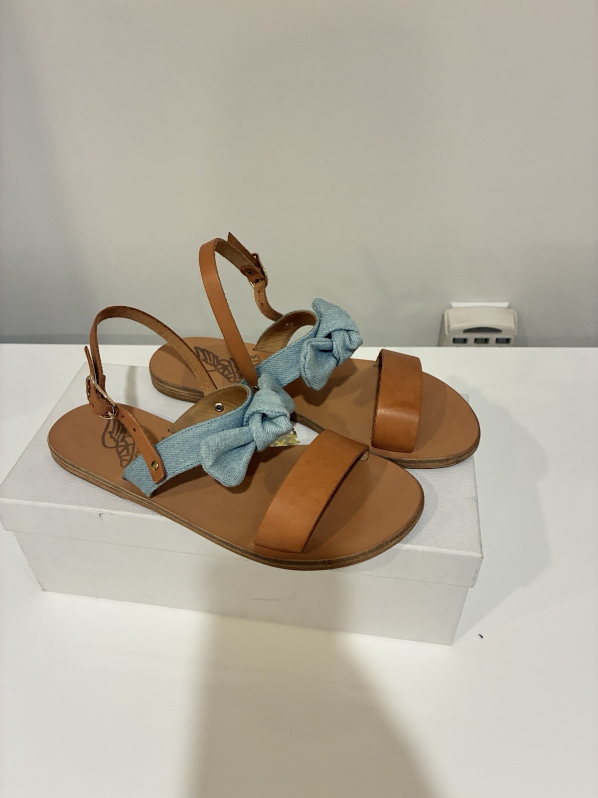 Ancient Greek Sandals Clio Bow Womens EU 36 USA 6 Blue Leather Denim Bow