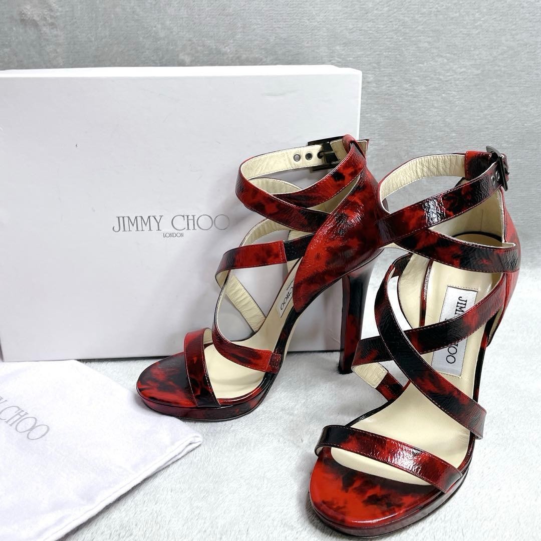 JIMMY CHOO Tie Dye Patent Red Black Cross Strap Heeled Sandals Shoes EU 36.5