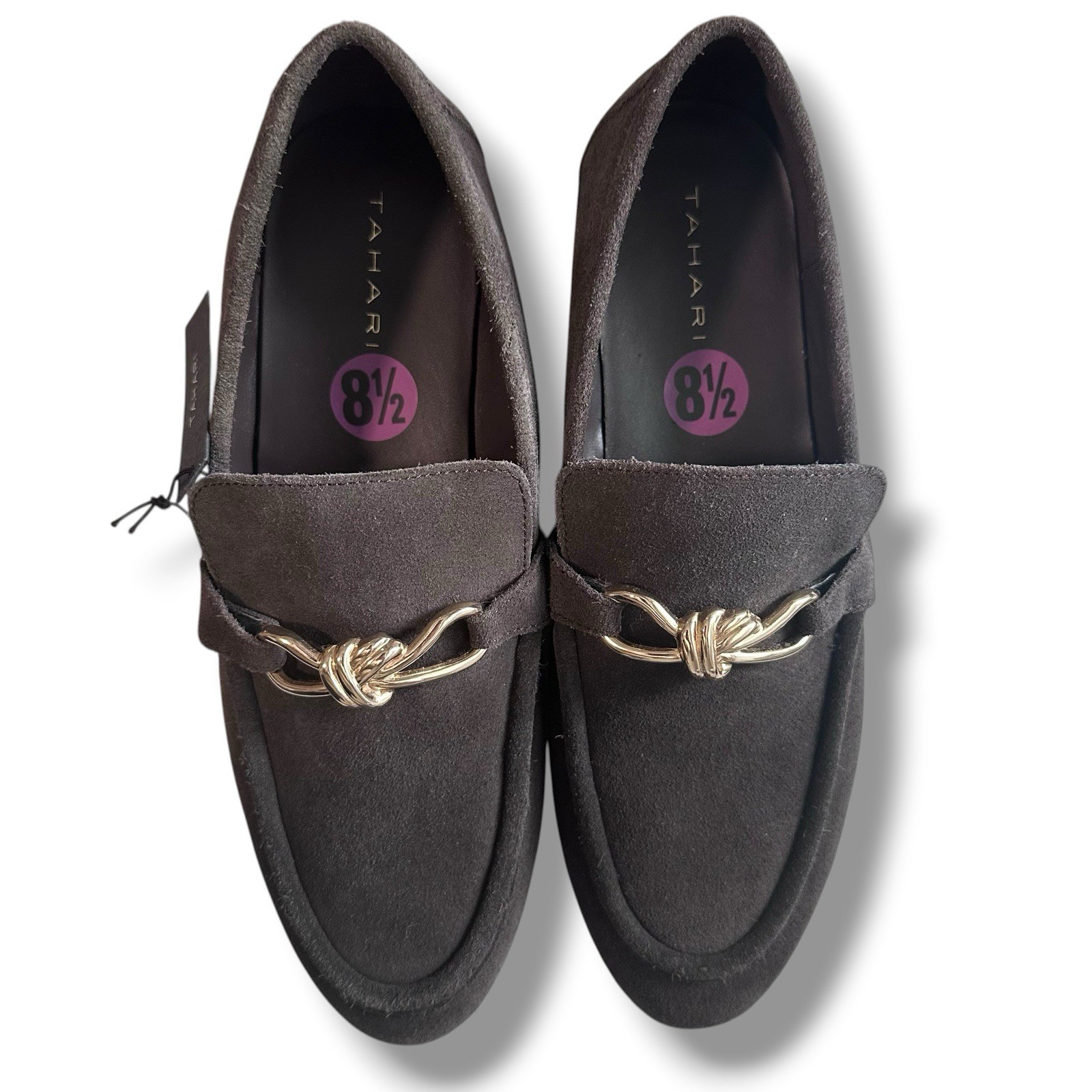 Tahari Trinity Loafers Flats Shoes Womens 8.5 Brown Suede Gold Knot Bit-NWOB