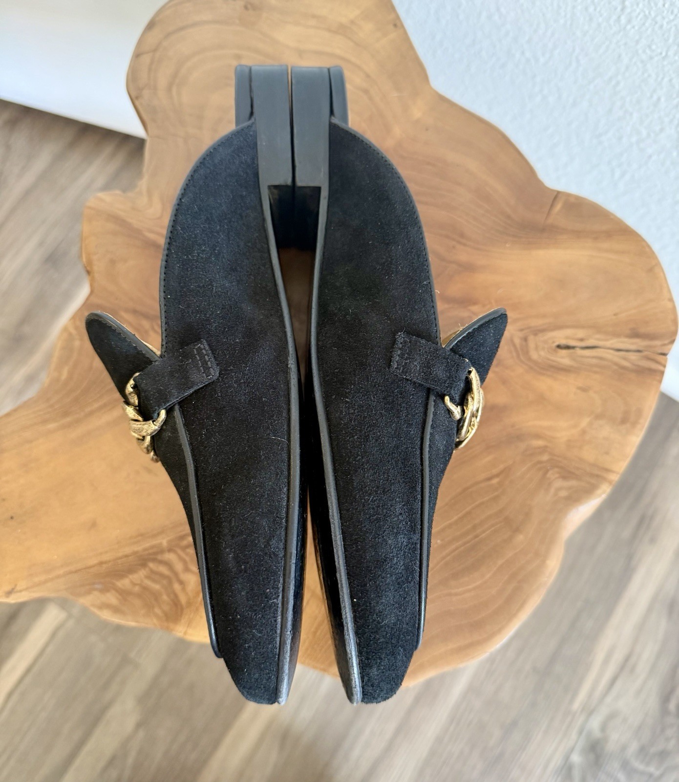 Sandro Black Suede Mules Womens 8 EU 38 Gold Chain Slip On Workwear Classic
