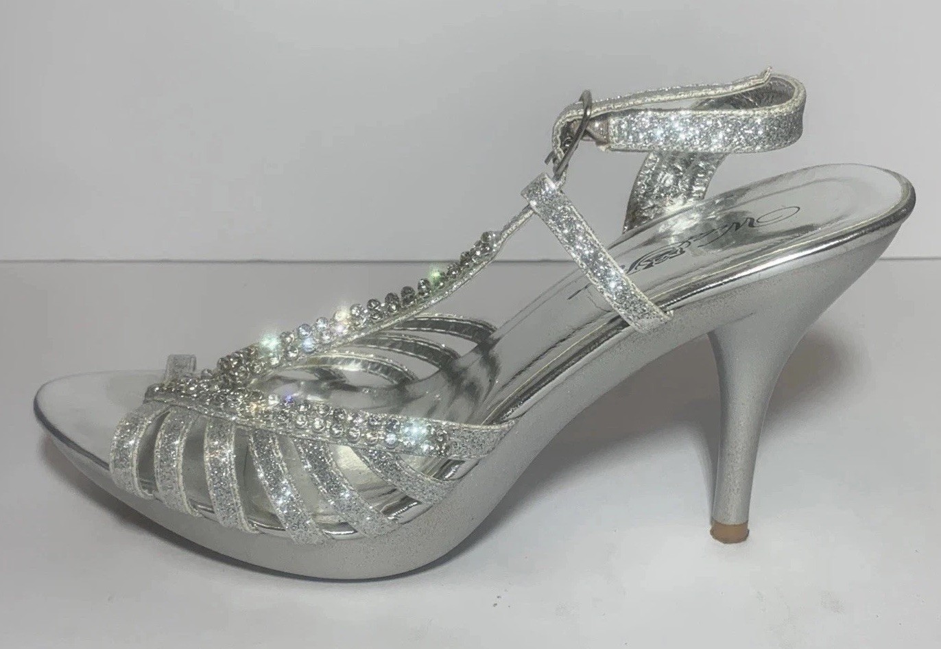 Stiletto Heels Wedding Prom Strappy Shoes Silver Glitter Rhinestone 7M