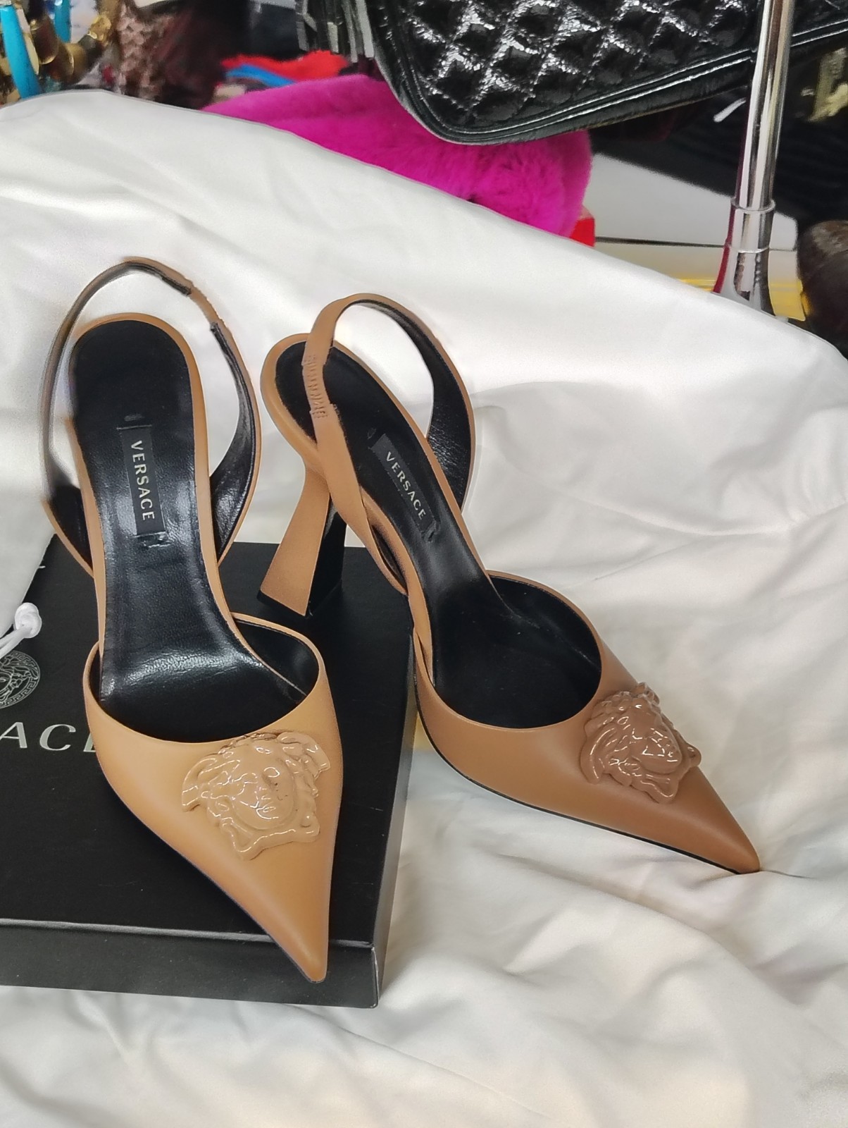 Versace Tan Leather Medusa Slingback Pointed Toe Women’s Pumps EU 36 US 6