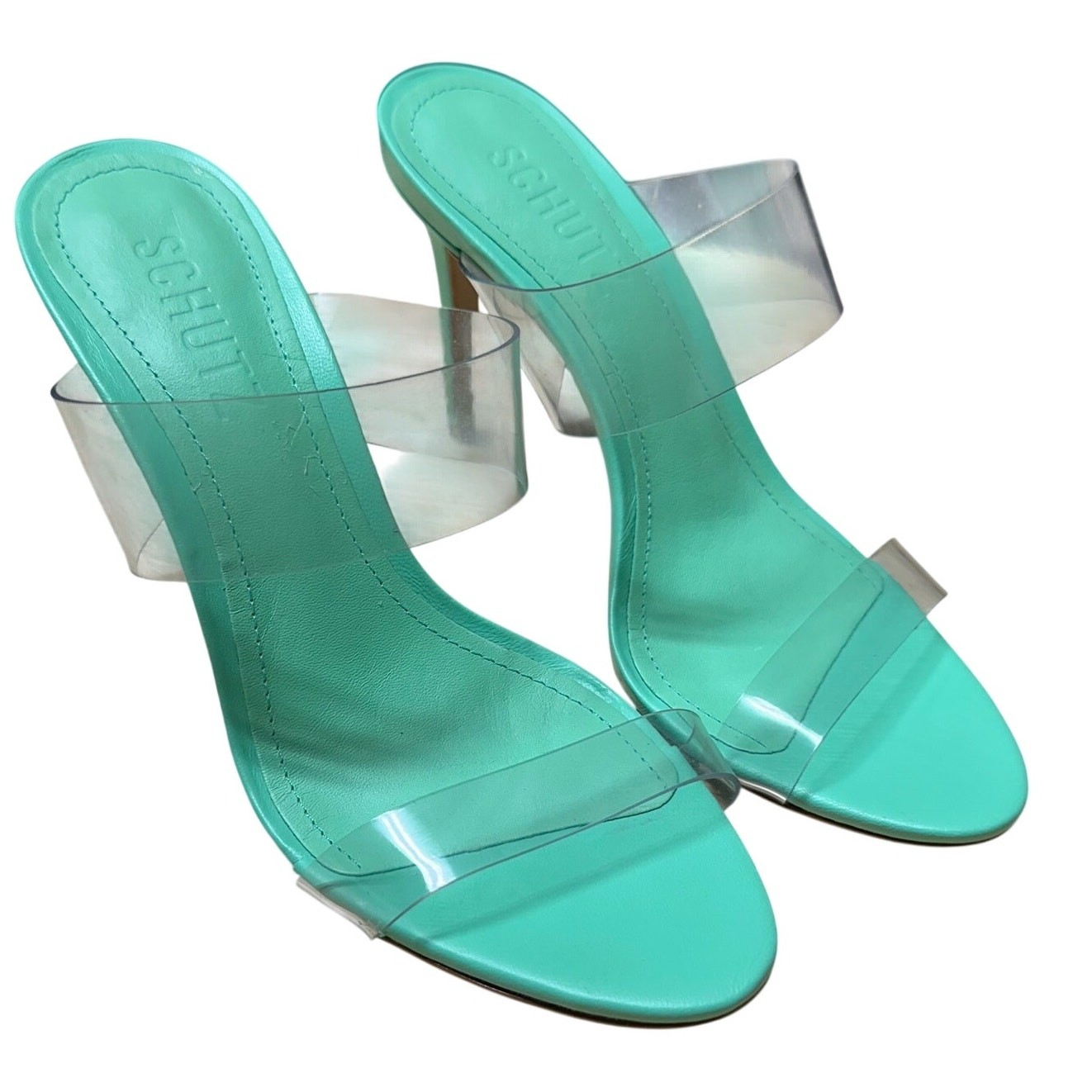 Schutz Leather Heeled Sandals Ariella Deep Mint Women’s Size 5B New in Box