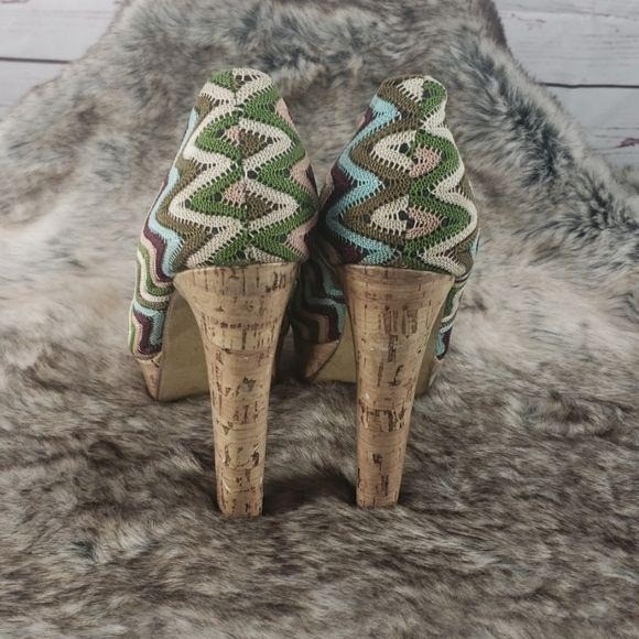 Diba Girl Chevron Print Cork Platform Heels Size 6.5M Multicolor Green Beige Bro