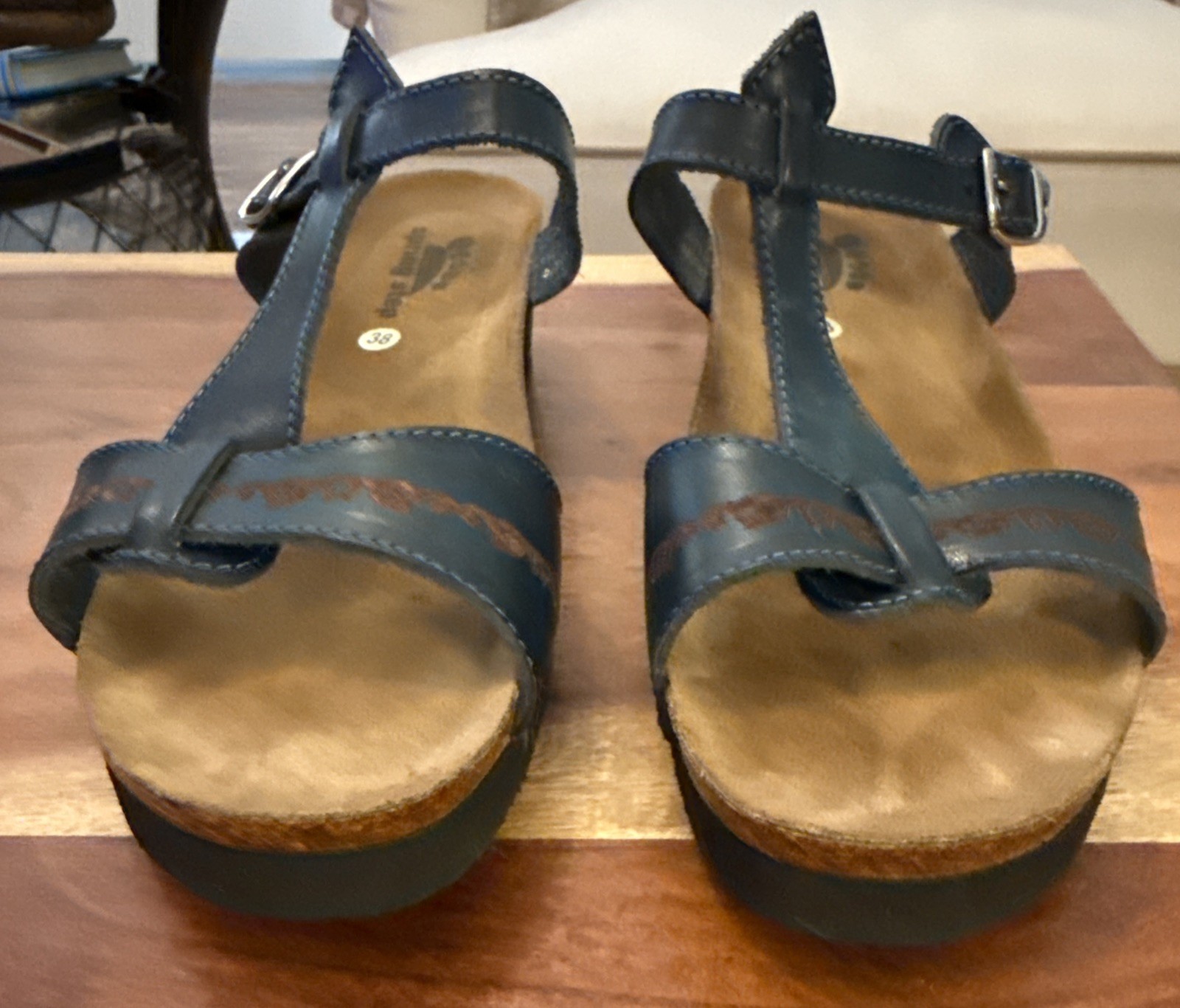Spring Step Strappy Sandals Shoes Slip-On Women Sz 38 EU 7.5 US Blue Leather