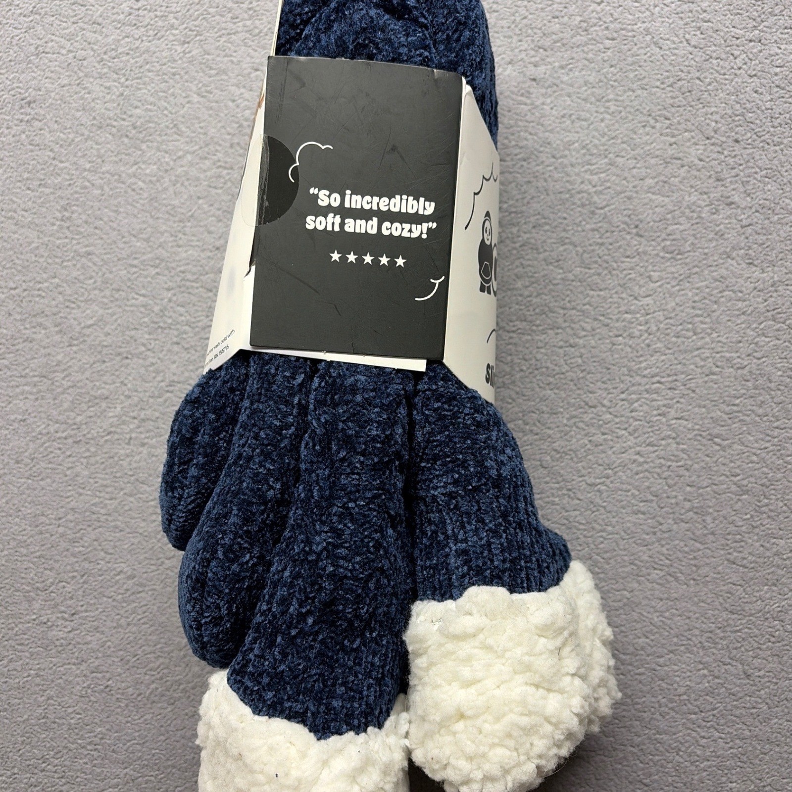 The Comfy Slipper Socks Navy Blue Sherpa Lined Plush Cozy Shark Tank One Size
