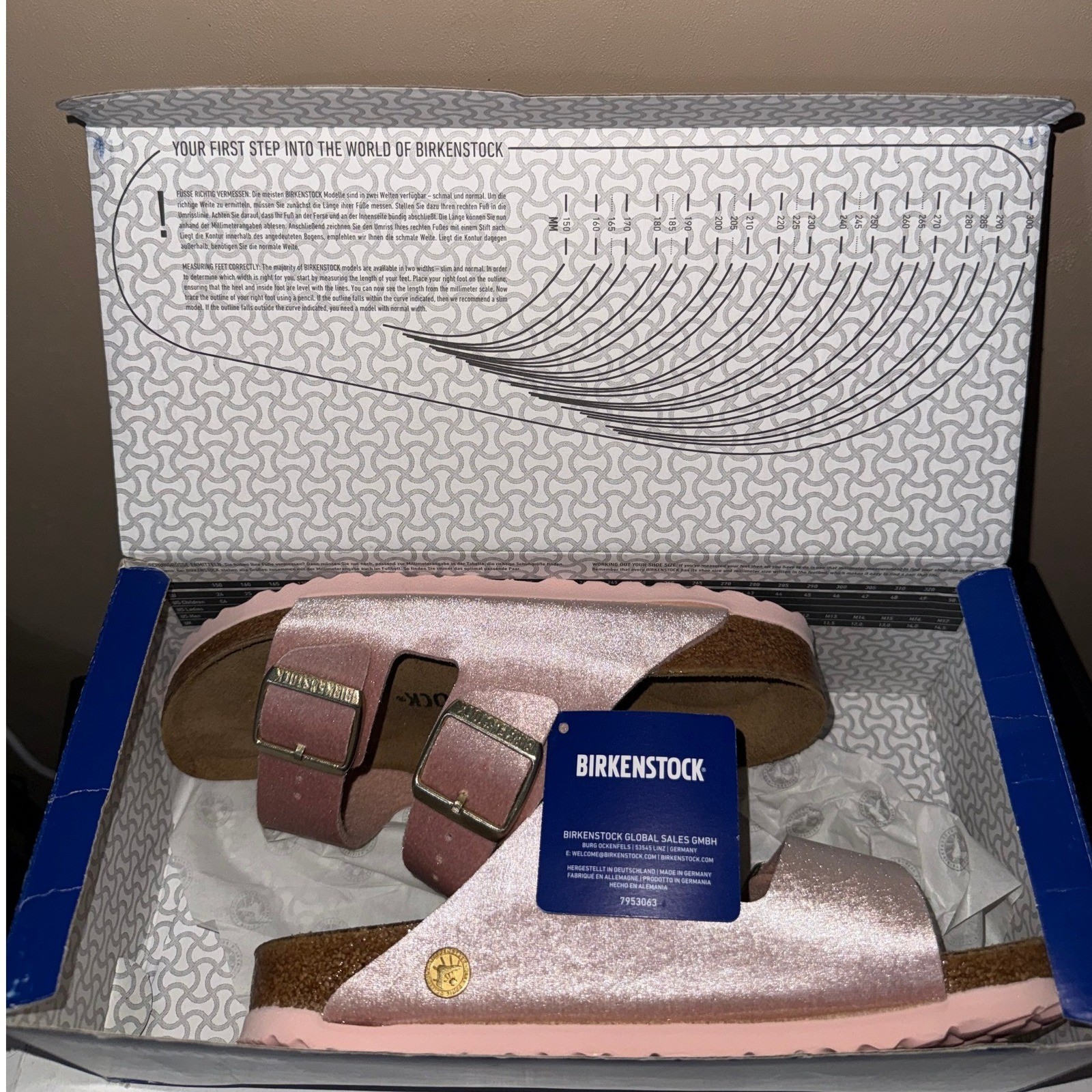Birkenstock Arizona Rivet Logo Light Rose Pink Velvet Shimmer Sandals 37 Narrow