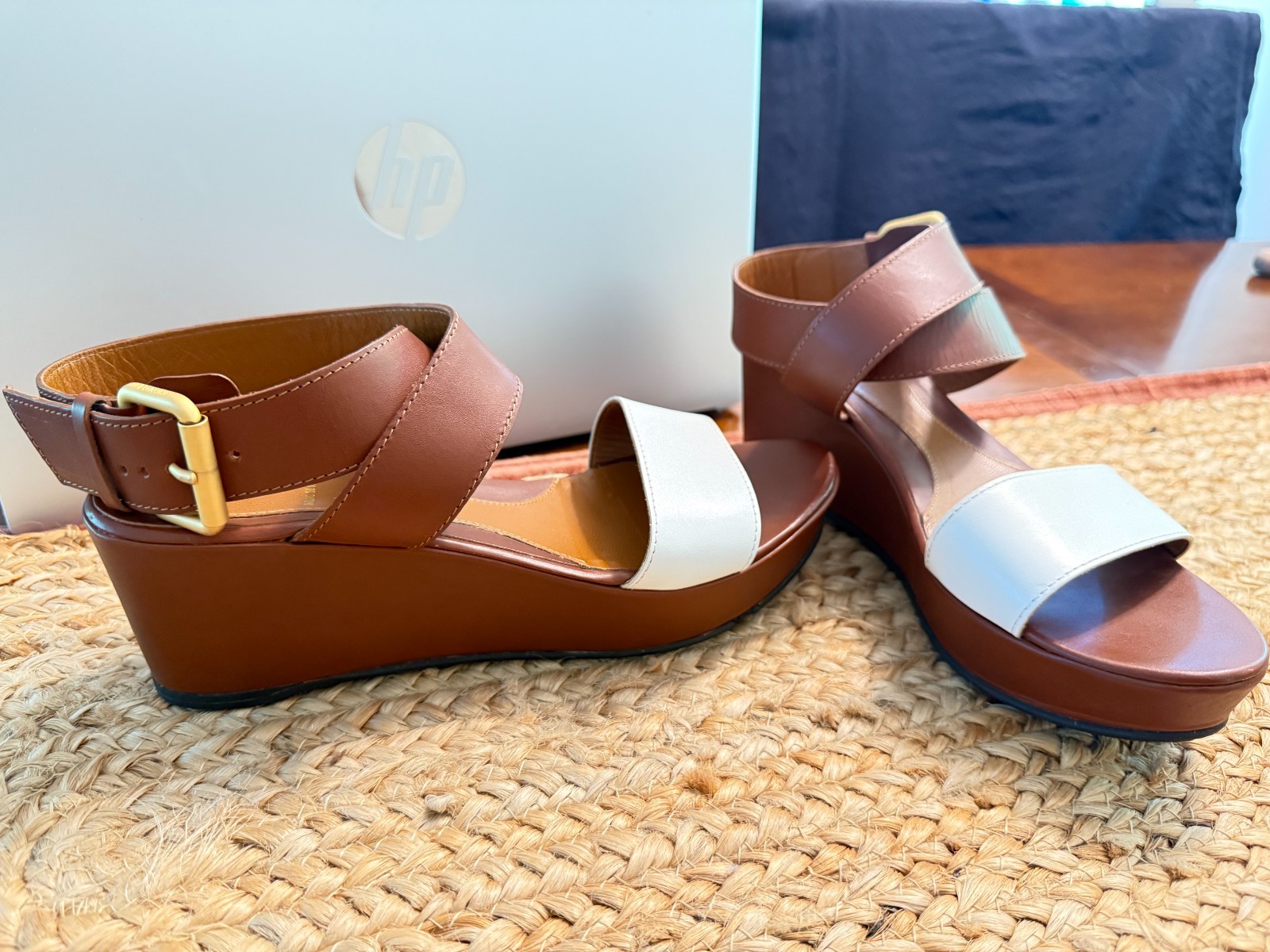 FENDI Two-tone Brown White Leather Platform Wedge Sandals Designer Clean 9/39