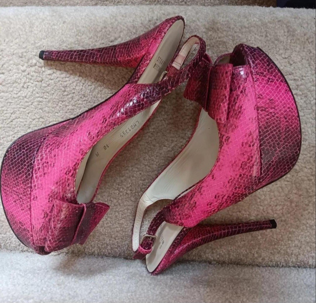 Stuart Weitzman Fuschia Snakeskin Slingback Peep-Toe Platform Stilettos Sz 10