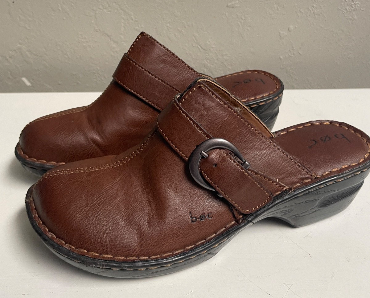 BOC Womens 9m Chocolate Brown Buckle Man Made Leather Clogs/Mules