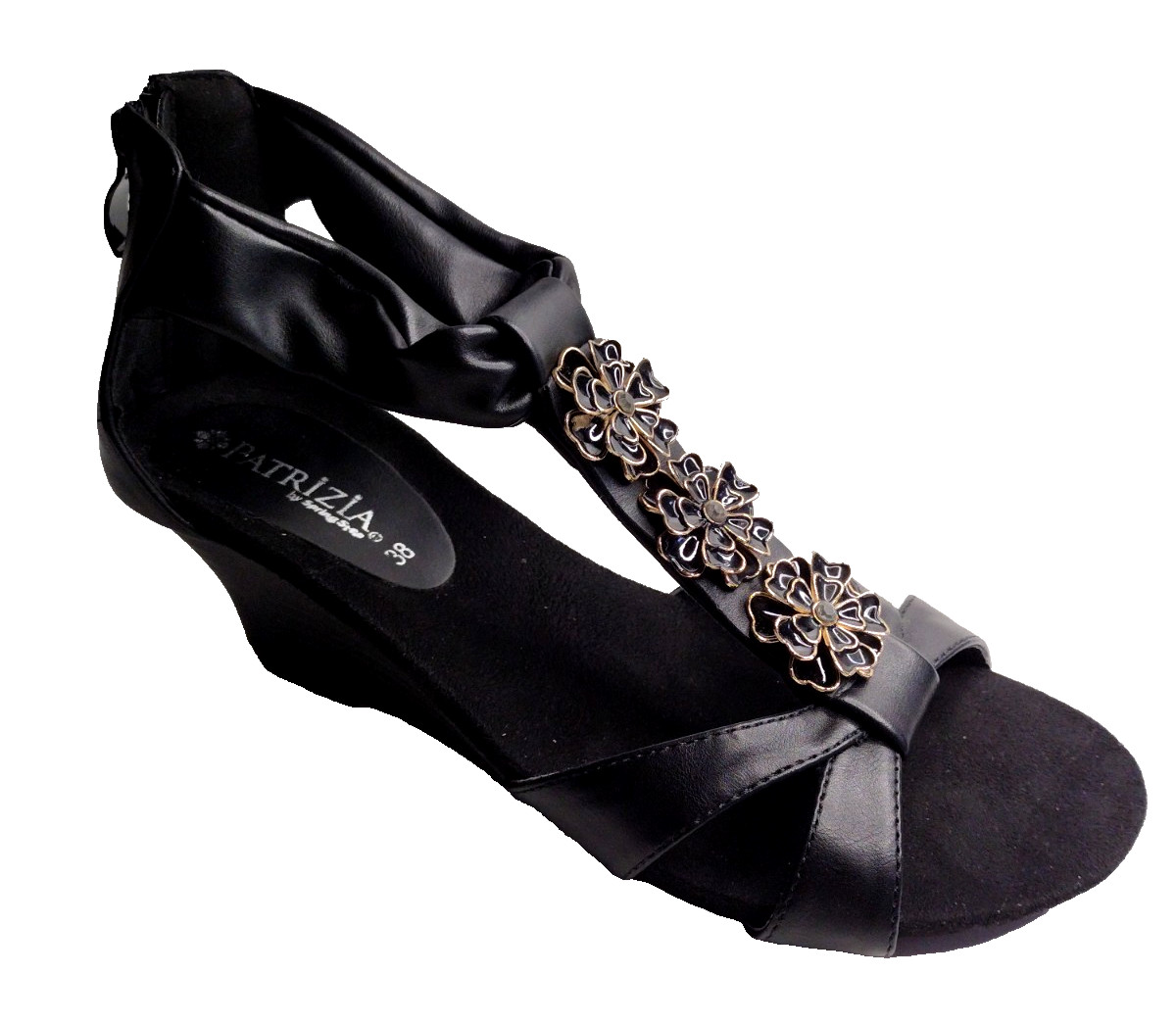 PATRIZIA By Spring Step Size 8 (38) Black Leather Floral Brooches Wedge Heel NEW