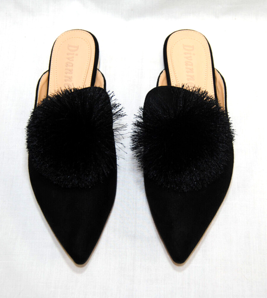 Divanne Womens Slip-On Mules Puff Pompom Backless Pointed Toe Loafers T2366