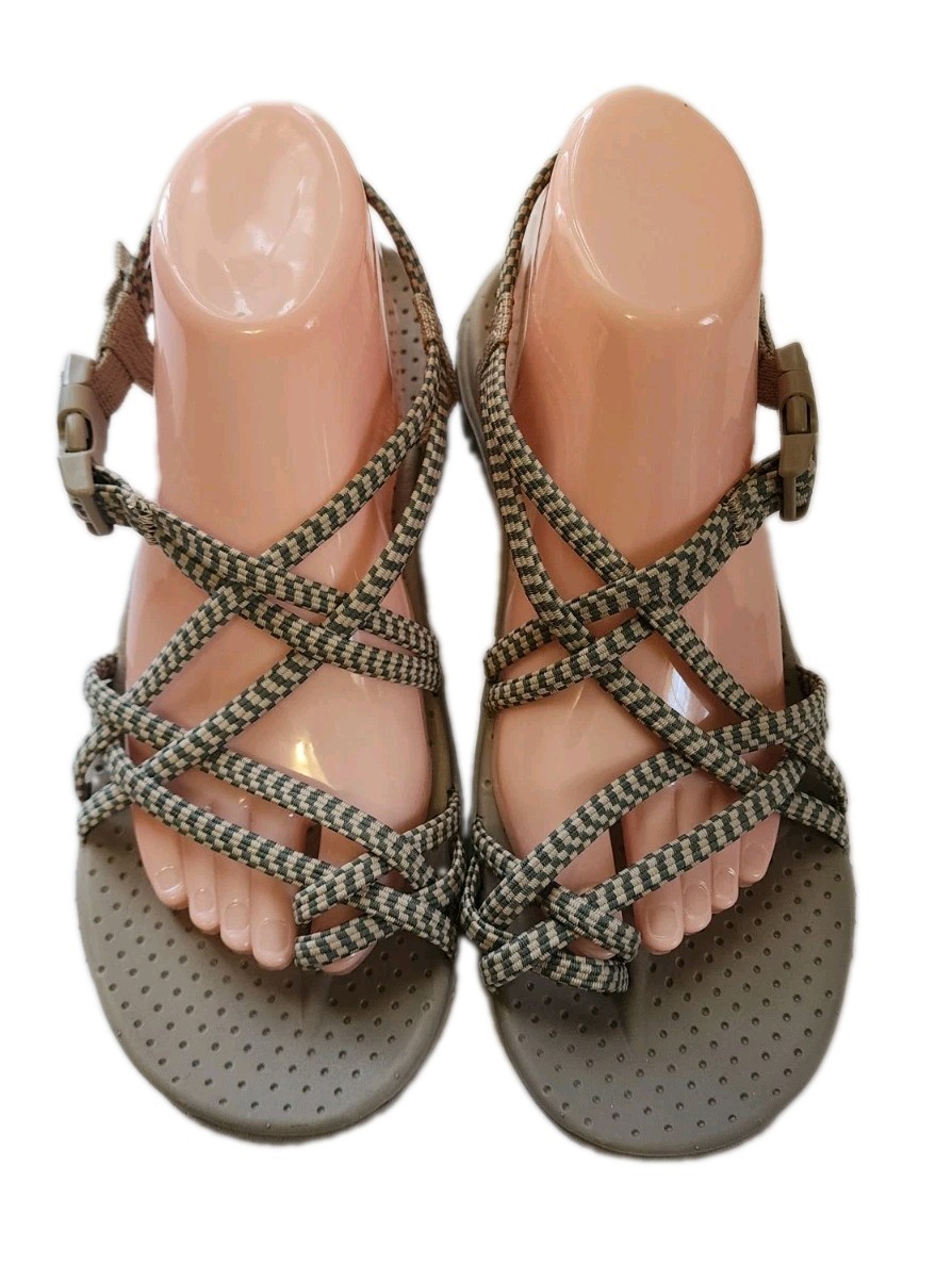 Skechers Reggae Positive Space Womens Size 9 Strappy Sandals Buckle Green Tan