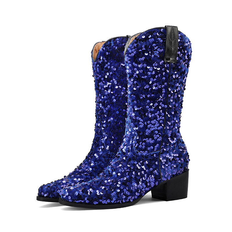 Women’s Glitter Sequins Performance Block Heel Mid Calf Boots Knight Shoes Stage