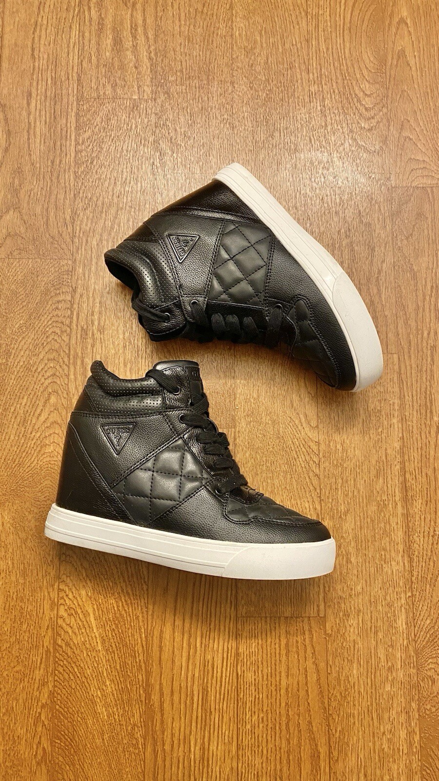 Guess Wedge Black Quilted High Top Sneakers Size 9M.