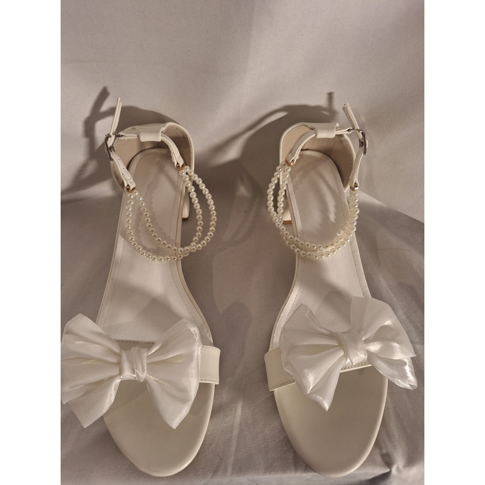 White Organza Bow Block Heel Sandals Pearl Ankle Strap Wedding Shoes EU 44