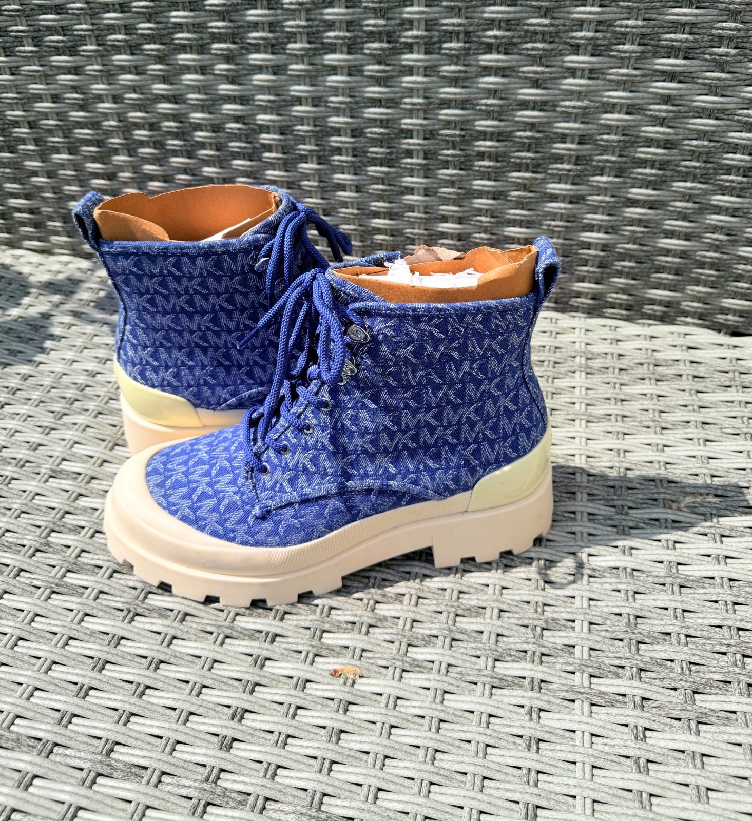MICHAEL KORS MK Pattern Blue Denim Lace-Up Platform Boots