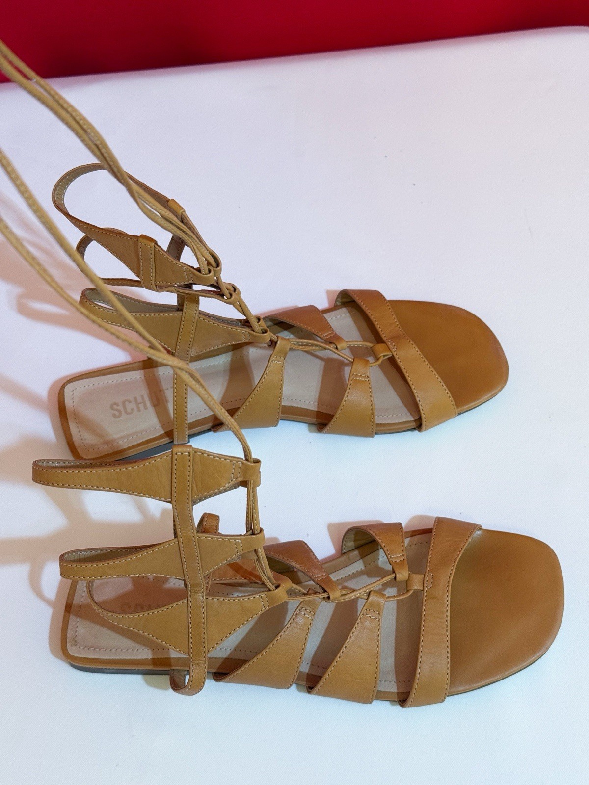 Sz US 9.5 ❤️ Schultz Gladiator Beige Flat Sandal Genuine Leather Upper