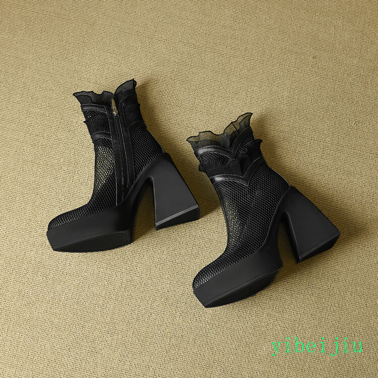 Women’s Ruffle Platform High Heel Fishnet Mesh Ankle Boots Lace Shoes Breathable