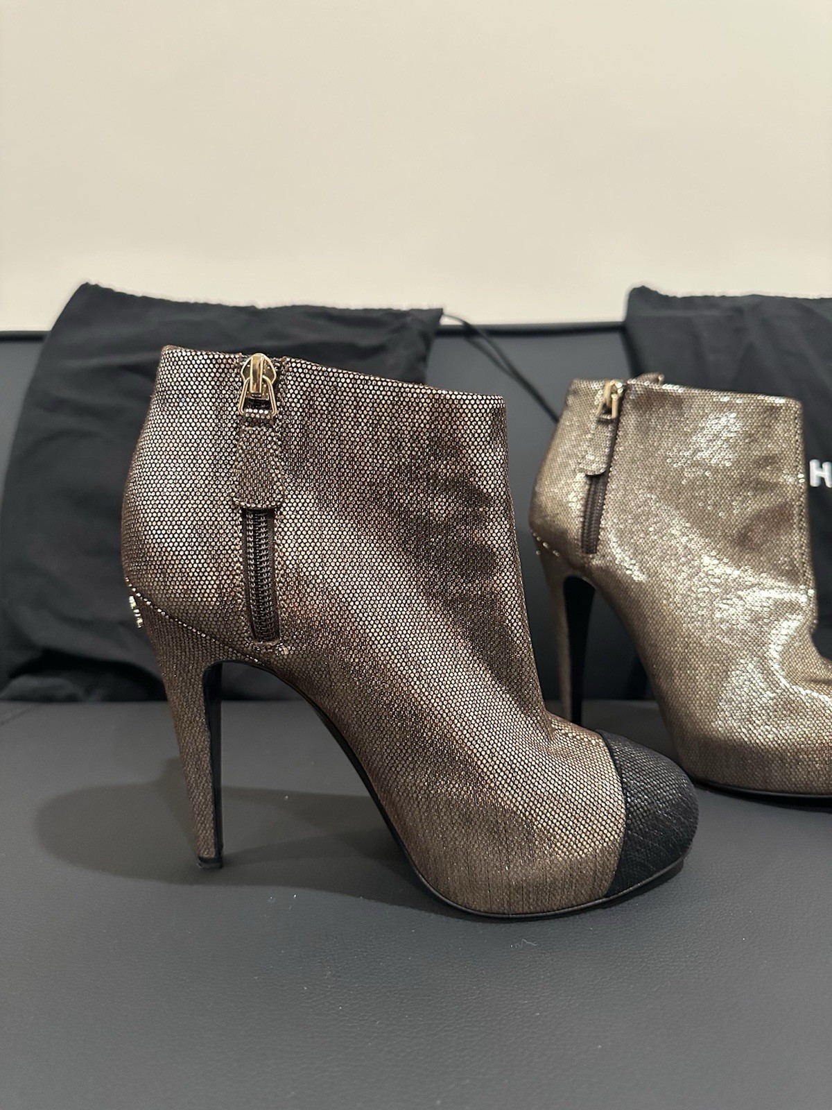 Original Chanel Metallic Cap-Toe Platform Ankle Boots Heels Women’s EU 36.5