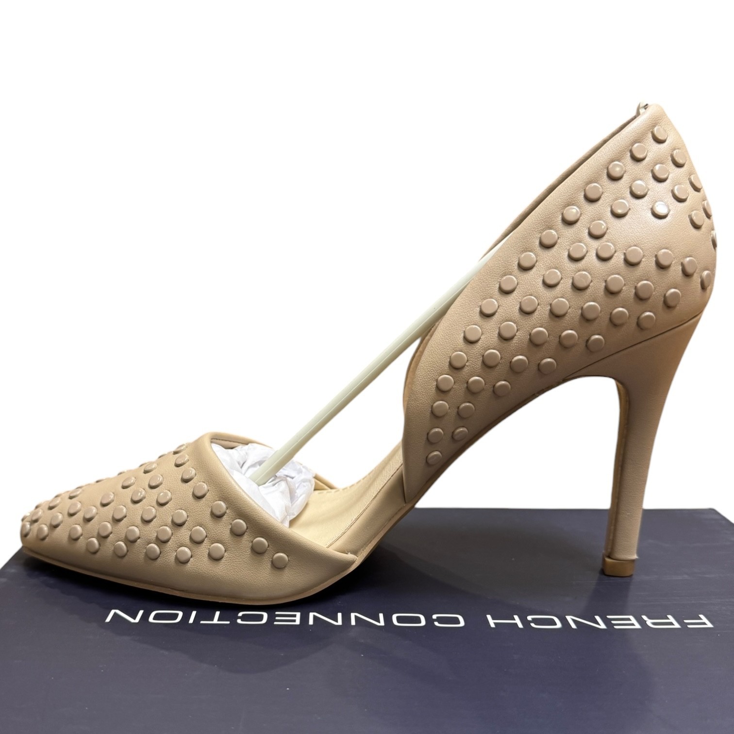 French Connection Studded Pointed Toe D’Orsay Heels 6.5 Nude Cement NEW Vegan