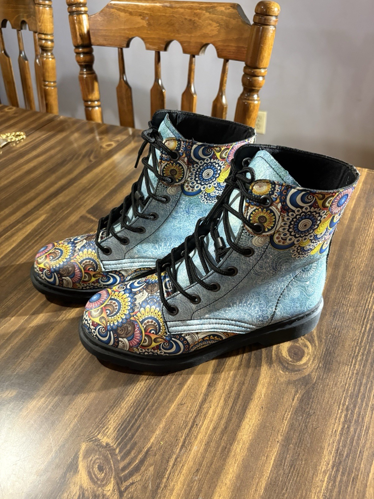 Yes We Vibe Vegan Leather Combat Boots Colorful Flower Mandala 8 Men 9.5 Women