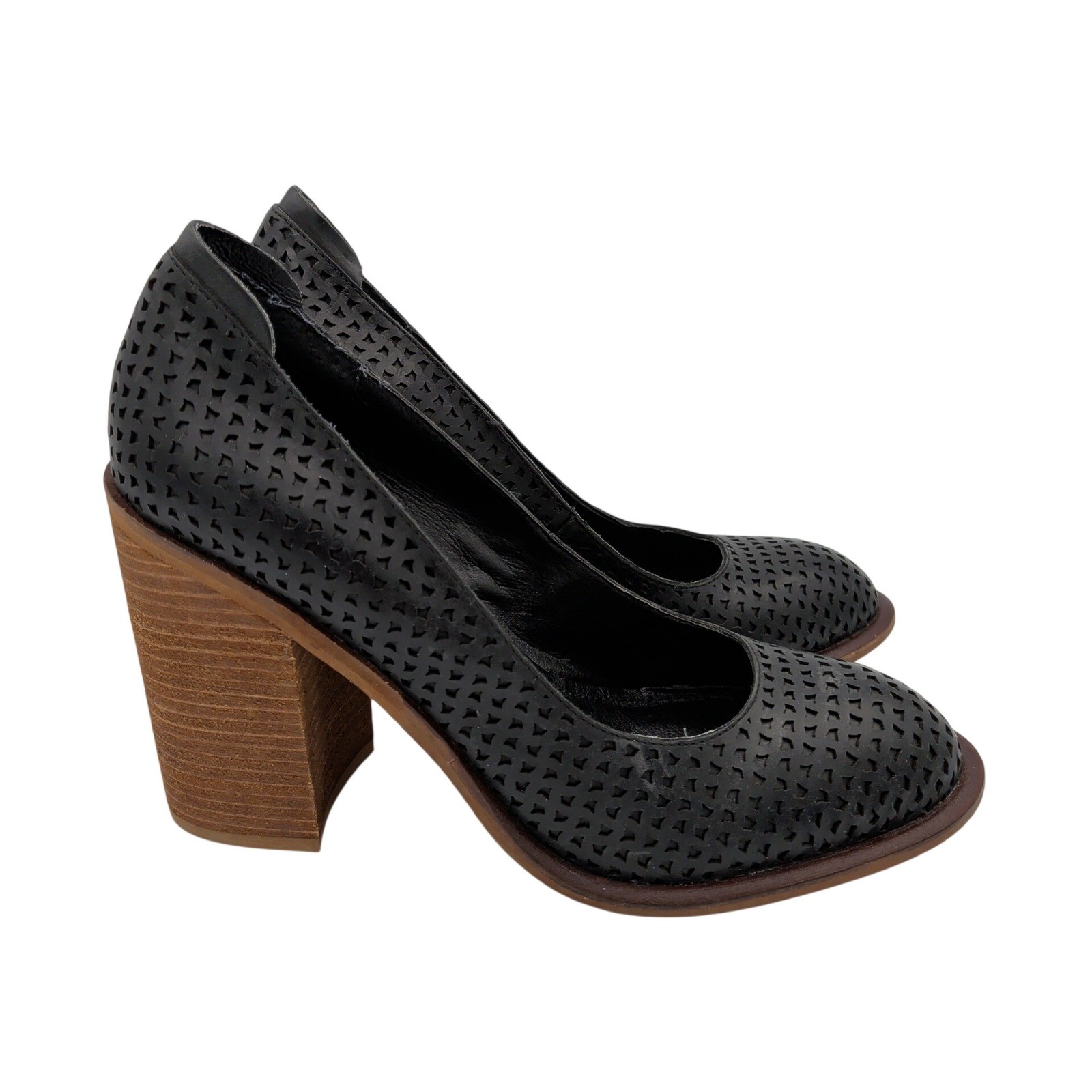 Kelsi Dagger Brooklyn Hall Black Leather Perforated Block Heel Pumps Size 9.5