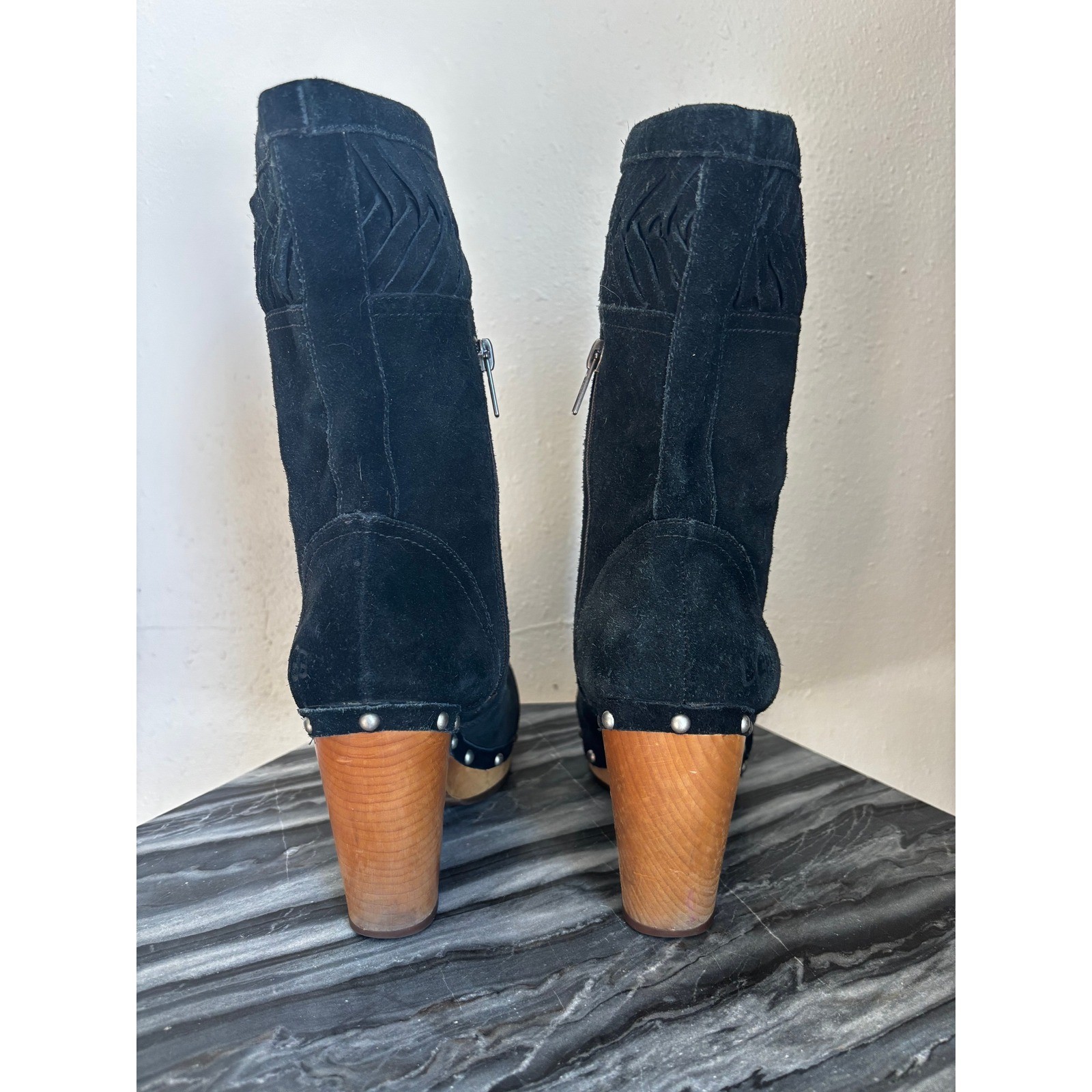 UGG Australia Black Suede Woven Clog Boots Wooden Block Heel Studded 7 Annaliza