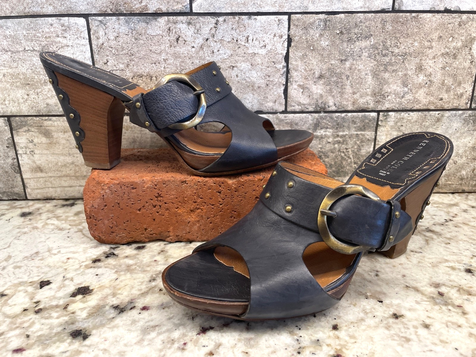 Vintage Kenneth Cole Black Charcoal Gray High Heel Mule Slide Sandals 8 EUC RARE
