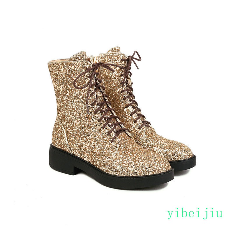 Women’s Glitter Sequins Ankle Boots Lace Up Performance Cosplay Shoes Plus Size