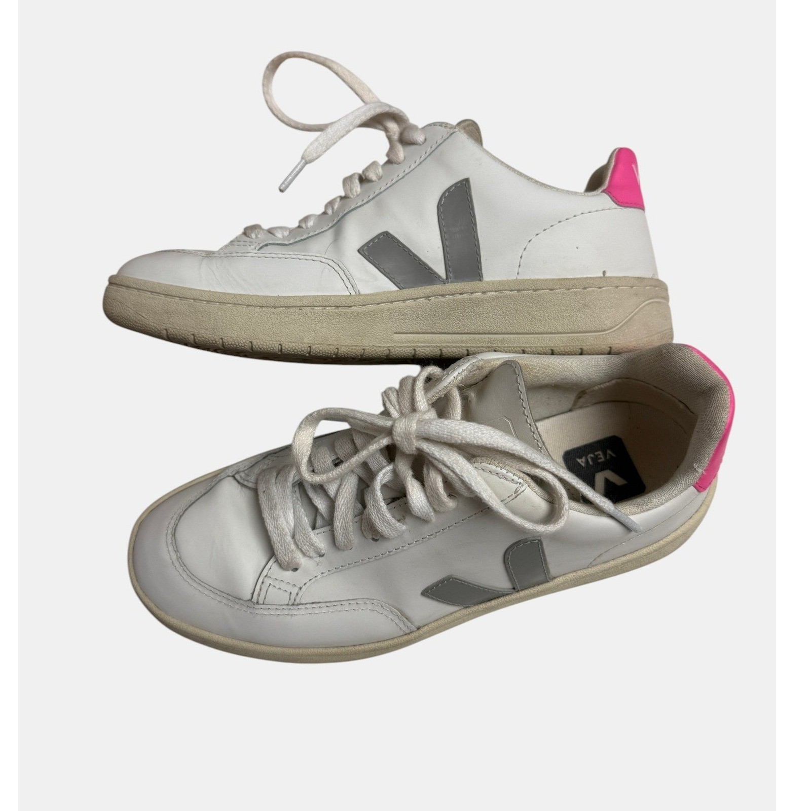 VEJA V-12 Sneakers Womens EU36/US5 White Hot Pink Leather Minimalist Casual EUC