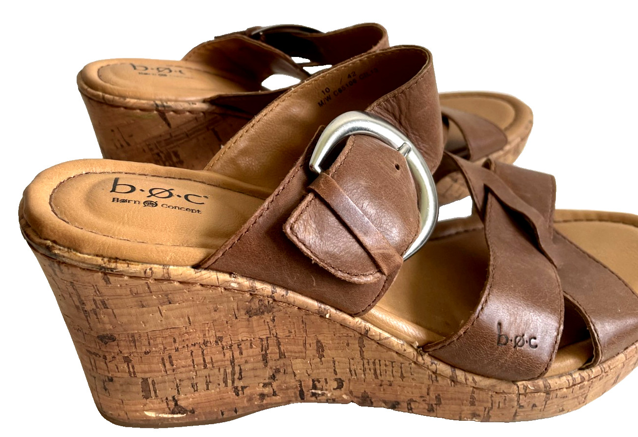 Born boc Women’s Sandals Brown Leather Size 10M US Boho Cork Wedge 3.75 in. heel