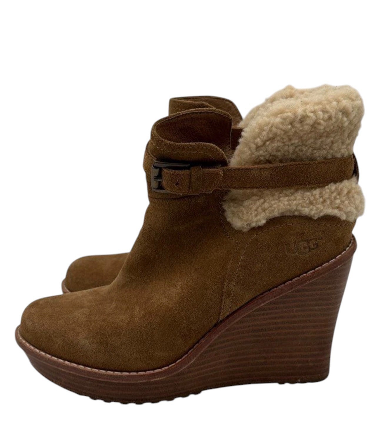 UGG Anais Wedge Booties Womens 9.5 Brown Suede Shearling Ankle Boots