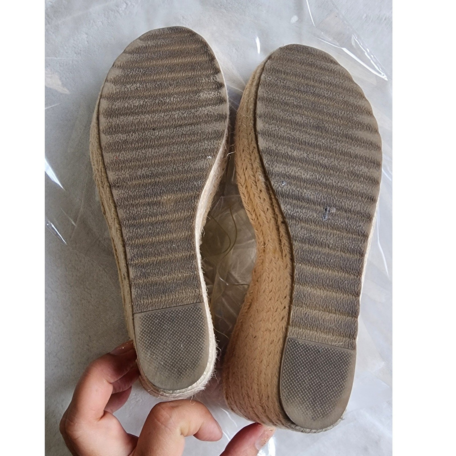 Clear Double Strap Espadrille Wedge Sandals Brown Jute Platform Slides Women 7.5
