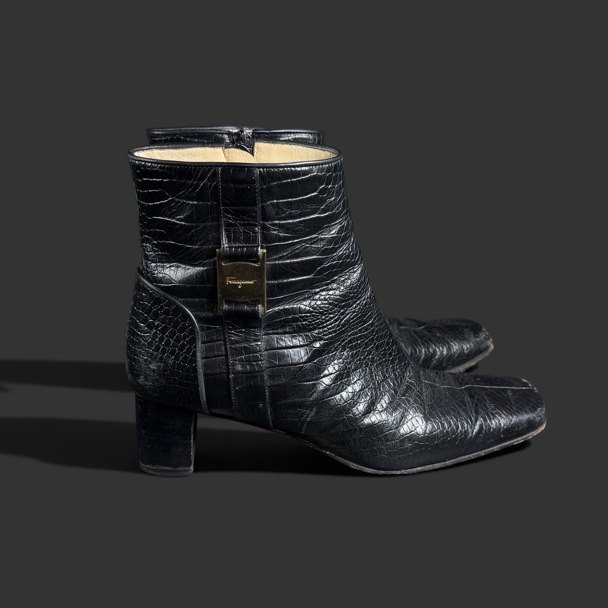 Salvatore Ferragamo Percy black crocodile-embossed leather ankle boots Size 7B