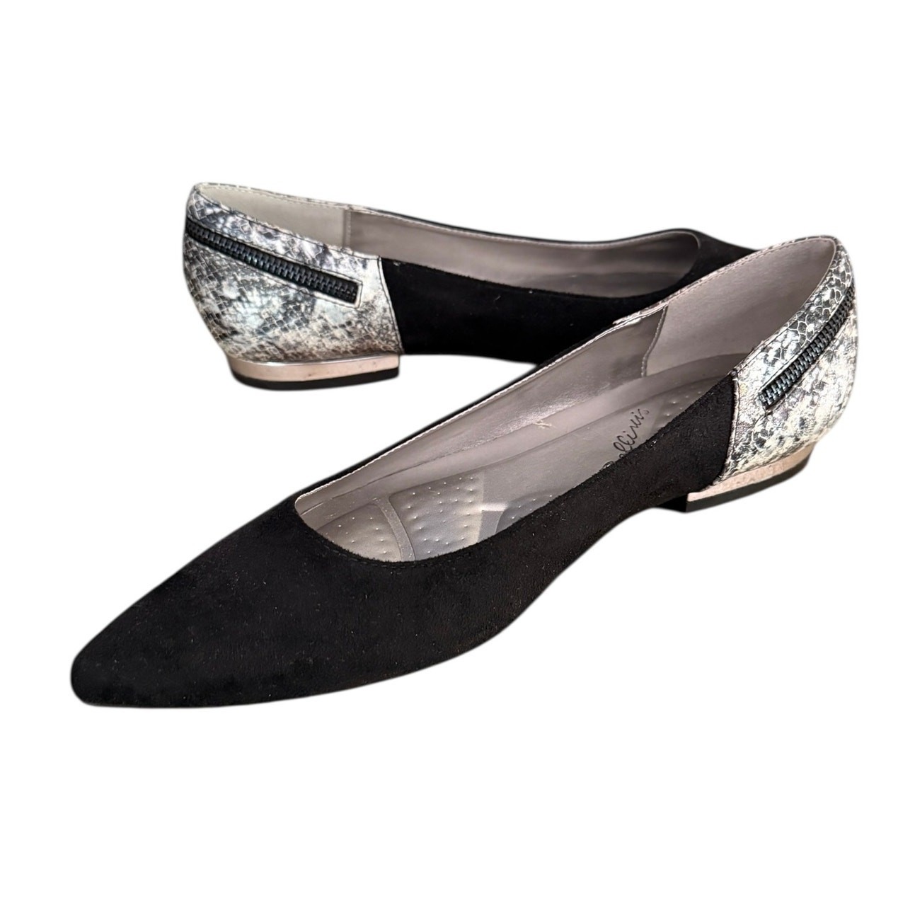Bellini Navatoo Black Faux Suede Pointed Flats Snake Embossed Heel Zip 10