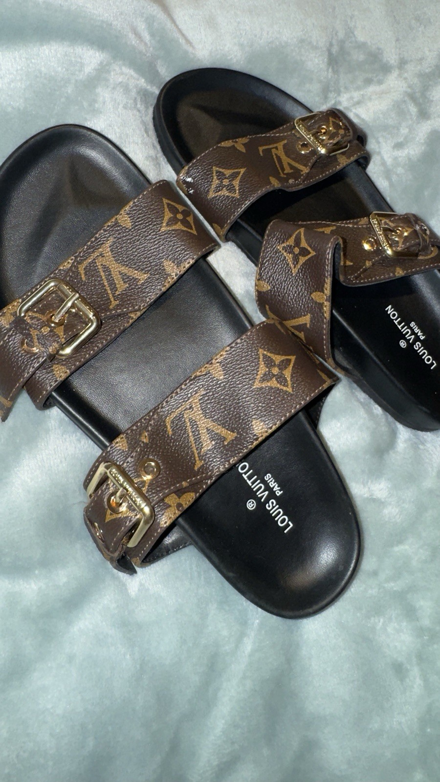 Louis Vuitton Monogram Leather Double Strap Buckle Slide Sandals Women’s 7.5