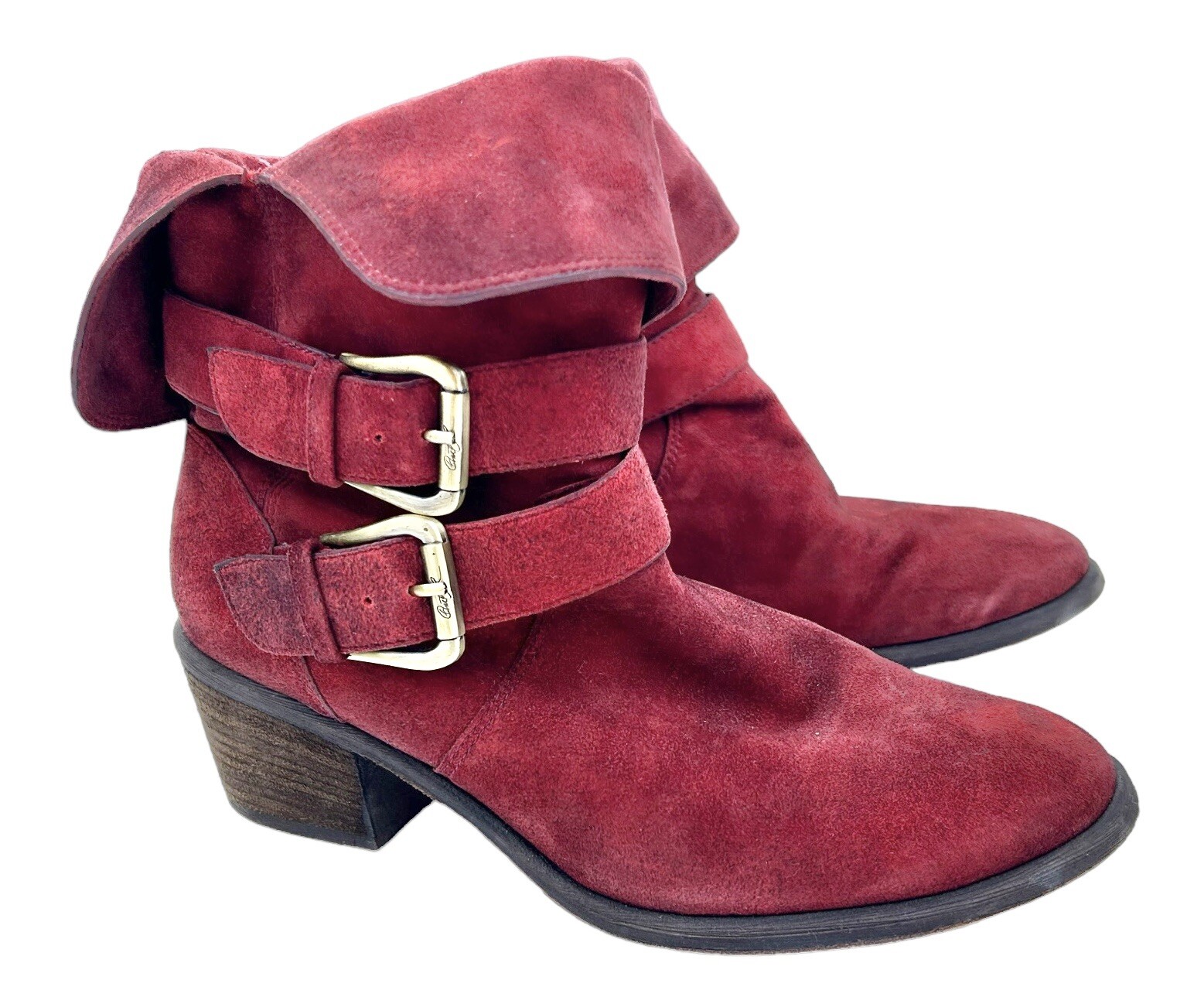 DONALD PLINER Moto Boots SIZE 6.5 Mid Calf Distressed Red Suede Buckle Fold Over
